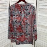 Ellen Tracy Multi Print Ruffle Front Blouse Small Red Black 3/4 Button Photo 7