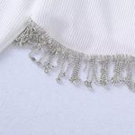 White Long Sleeve Crop Top with Rhinestone Trim Photo 4