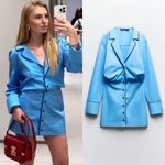 ZARA SHORT TRENCH MINI DRESS V-Neck Long Sleeve Button Down Blue Size XS NEW Photo 1