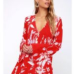 Free People  Bella Red Floral Print V Neck Tunic Mini Dress Size Medium Photo 0