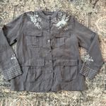 Johnny Was  Women's Oleander Gray Embroidered Crane Linen Utility Jacket Safari M Photo 2