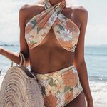 Womens Halter Wrap High Waist Floral Bikini sz medium Orange Photo 0