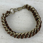 Source Unknown Gold Tone Chunky Chain Link Bracelet Brown Braided Faux Leather Cord Edgy NWOT Photo 0