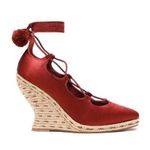 Tory Burch Red Pom Pom Lace Up Satin Wedges Espadrille Size 7 Photo 0