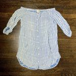 Cloth & Stone Blue and White Stripe Off Shoulder Shirt Dress Photo 3