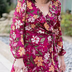 Maggy London Desert Bloom Floral Long Sleeve A-line Dress In Wine Ruffle Trim 2 Photo 0