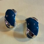 Vintage Blue and Silver Enamel Hoop Stripe Clip Earrings Photo 6
