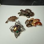 Autumn Leaves Fall Brooch Pins Lot Of 4 Gold Tone Some Enamel Some Rhinestone Photo 0