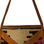Vintage 90s Turkish Kilim Knit Leather Shoulder Bag Western Bohemian Southwest Tan Photo 2
