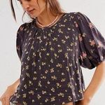 Free People Chloe Printed Top Washed Black Floral Large NWT Cottage Bow Gauze Photo 0