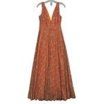 Vintage Women's Orange Paisley Maxi Dress V Neck Brooch Summer Boho Flowy Photo 1