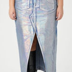 Forever 21  Women's Plus Size 1X Iridescent‎ Denim Maxi Skirt Front Leg Slit Photo 0