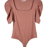 REORIA Women Square Neck Bodysuit Puff Sleeve Ribbed Corset Tops XL Pink Photo 0