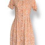 Vintage 90s Peach Floral Mini Dress Rayon Button Front Short Sleeve Scoopneck Orange Photo 0