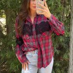 Free People Western Red and black plaid button up shirt with lace detailing on the front fits sz s-L Photo 1