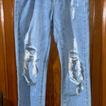 Princess Polly Ripped Light Blue Straight Jeans Photo 0