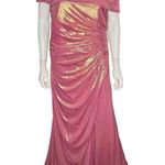 Mac Duggal  Off The Shoulder Ruched Waist Slit Metallic Gown Coral 27152 Sz 16 Photo 1