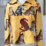 Dana Buchman 100% Silk Safari Blouse Elephant Alphabet Parrot Cheetah Yellow 8 Photo 0