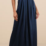 Lulus NWT Memorable Entrance Dark Blue Strapless Satin Pleated Maxi Gown Dress Photo 0