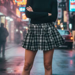Free People  Women's Cotton Black Blue Plaid Skater Y2K Clueless Mini Skort Skirt Photo 0