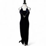 y2k vintage Navy Blue Velvet Rhinestone Bow Formal Prom Maxi Dress‎ M/L Size L Photo 2