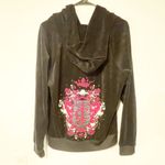 Juicy Couture  Size XL Black Pink Graphic Pleat Neck Velour Full Zip Hoodie Photo 5