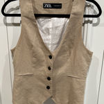 ZARA  Linen Cotton Blend Tan Vest Size Small Button Front Lined Classic Career Photo 0