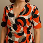 Dana Buchman  M Wrap Blouse Retro 60s Boho Graphic Print Short Sleeve Top M Photo 0