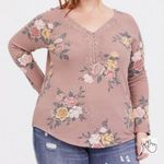 Torrid size 2 floral pink waffle knit lace trim Henley long sleeve shirt Photo 5