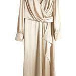 Mac Duggal Champagne Gold Long Sleeve Faux Wrap Slit Satin Evening Gown Size 12 Photo 5