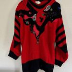 🦋 Vintage Red Black Bejeweled Sequined Fringe Oversized Sweater Retro 80s 90s Photo 0