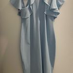Pinkblush  Light Blue Mock Neck Ruffle Trim Fitted Maternity Dress Photo 2