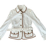 Burberry  Faversham Ivory Brown Trim Cotton Blend Belted Jacket UL Photo 0