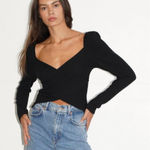 LNA Una Top Black Tencel Blend Ribbed Long Sleeve Wide Neck Cropped Top Size M Photo 0
