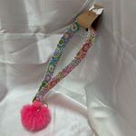 Handmade Colorful Pink and Blue Floral Wristlet Keychain and Bright Pink Pompom Photo 2