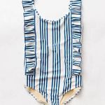 Pink Chicken Women’s Katniss Column Striped Ruffle Swimsuit One Piece Small Blue Photo 0