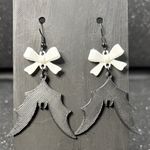 Hanging Bat Dangle Earrings with White Bow – Spooky Cute Halloween Jewelry Black Photo 0