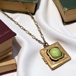 J. Crew Antiqued Gold Chain Square Locket Necklace Green Stone‎ Jade Serpentine Photo 0