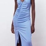 ZARA Baby Blue Asymmetric Midi Dress With Drawstring Gathering Size Small Photo 0