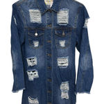Daisy  Blue Distressed Long Denim Jacket Women's Size Large Frayed Hem Pockets‎ Photo 0