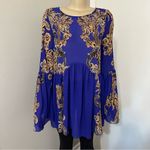 Free People  Intimately Size Small Royal Blue Gold Sheer Dress Cover Up Oversized Photo 8