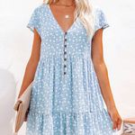 Medium Light-Blue Women Sundress, Floral V-Neck Button A-Line Mini Dress, Spring Summer Photo 0