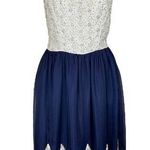 Vintage 1970s Beaded Dress Silk Couture Jacket Lace Elegant Navy White Scalloped Size 14 Photo 0