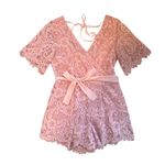 Francesca’s Medium Pink Floral Lace Short Sleeve Short Romper Jumpsuit‎ Photo 0