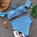 mermaid off shoulder high waist swimsuits Blue Size L Photo 2