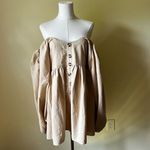 Bali Elf NEW Chloie Empire Waist Linen Mini Dress Puff Sleeve Weekend Beige XL Tan Photo 6