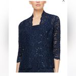 Alex Evenings Navy blue floral lace sparkle midi dress with lace cardigan set never worn Photo 5