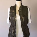 Chico's Metallic Foiled Linen Utility Cargo Vest Olive Green Gold Size 0 Small 4 Photo 8