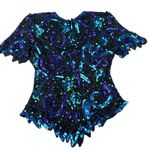 Laurence Kazar  Size Medium Silk Top Heavily Beaded Blue Teal Black Made in India Photo 4