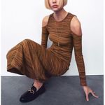 ZARA Ribbed Knit Midi Dress Long Cutout Sleeve Brown A Line Cotton Blend S NWT Photo 3